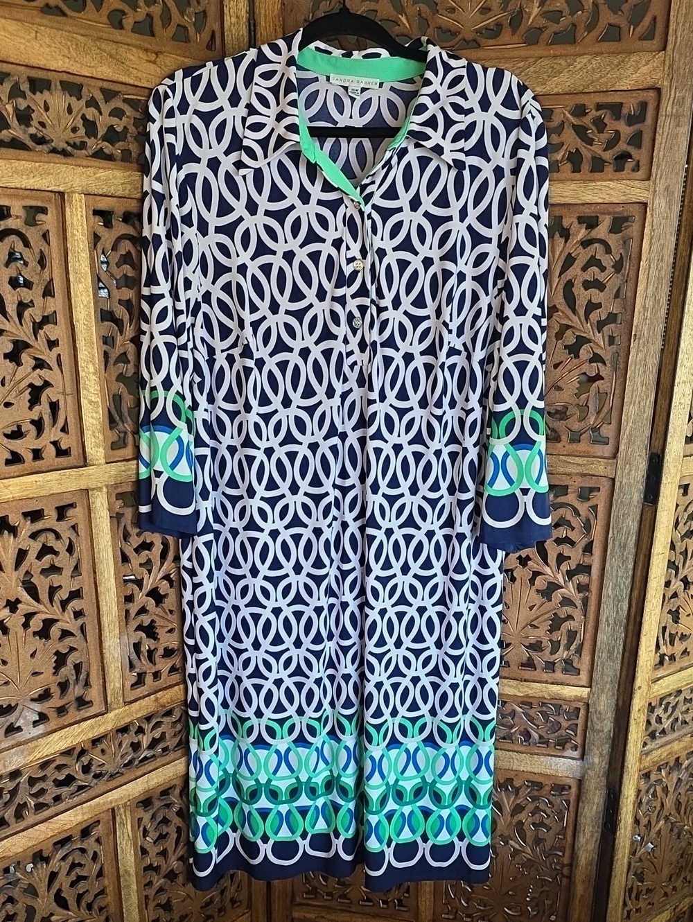 Sandra Darren Navy Geometric Dress with Mint Trim Size 16